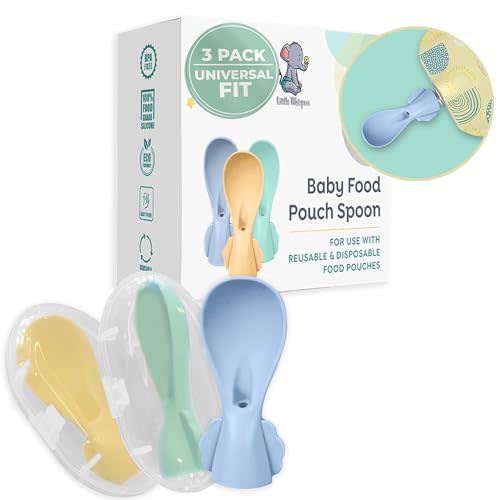 LittleWhispers Baby Pouch Spoon Attachment - 3 Silicone Baby Food Pouch Spoon Tops - Travel Cases Included - Squeeze Baby Pouch Topper