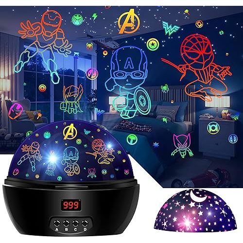 MOKOQI Kid Light Projector Superhero Toys for Boys 5-7 Avengers Night Light Projector with Timer for Kids Room, 360 Degree Rotation Toddler Nightlights with Spiderman Figurine Lamps and Star Projector