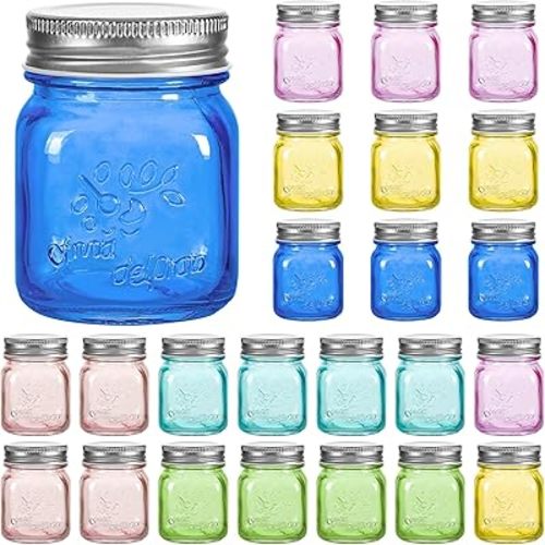 Amzcku Mini Colored Mason Jars 5 oz with Metal Lids - Glass jar for Jam, Honey, Candle, Canning, Wedding Favors, Shower Favors, Food Storage, Jelly, DIY Spice Jars, 24 Pack…