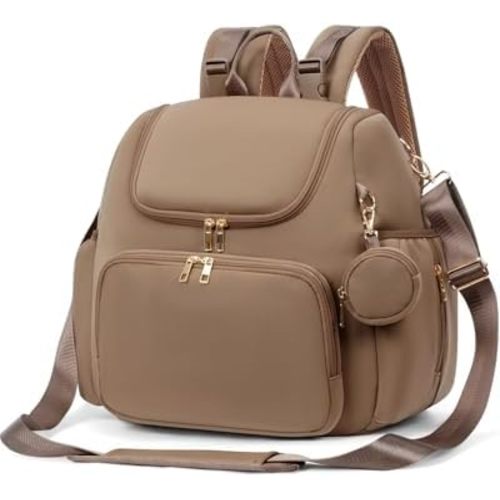CEI-CEI Small Diaper Bag Backpack Neoprene Baby Maternity Bags Stylish Travel Tote for Mom with Insulated Pockets, Changing Pad, Stowable Shoulder Strap（Oat）