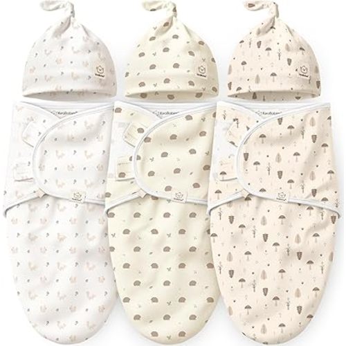 3pk Organic Swaddles for Newborns Girls, Boys & Hats (Nibbles/Bruce, 0-3M)