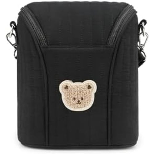 Lmbabter Embroidered Bear Stroller Organizer Tote Bag, Bottle Insulation Pouch, Portable Cooler Storage Essential for Milk/Breast Pump,Baby Travel Supplies (Black)