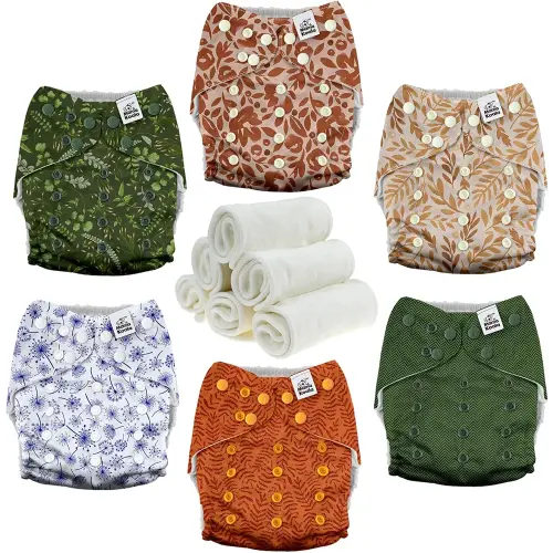 Mama Koala 3.0 Pocket Cloth Diapers for Babies with AWJ Lining, 6 Pack with 6 4-Layer Natural Cloth Diaper Inserts - Reusable and Washable Pocket Diapers(Neutral Leave)