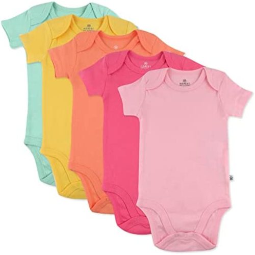 HonestBaby baby-girls 5-pack Short Sleeve Bodysuits One-piece 100% Organic Cotton for Infant Baby Girls