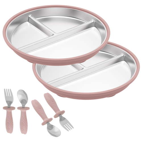 Grusce 2 Sets Stainless Steel Baby Suction Plate with Spoons and Forks Set, Toddler Utensils Baby Feeding Set, Divided Plates for Baby Led Weaning Supplies, BPA-Free