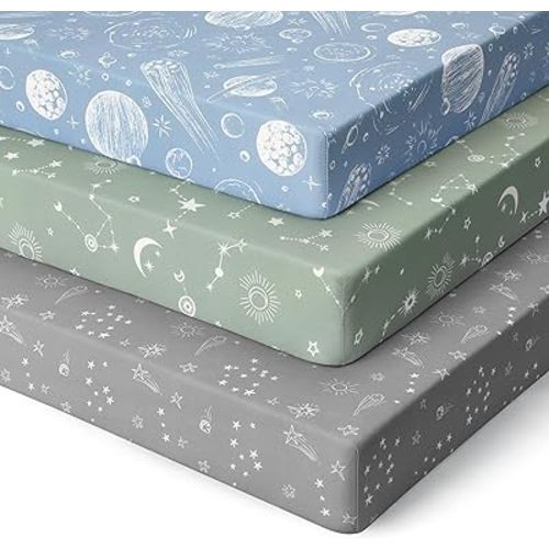 Pack and Play Sheets Fitted 3 Pack, Mini Crib Sheets for Pack N Play Mattress Stretchy Portable Playard Sheets, Soft Breathable Green Gray Constellation