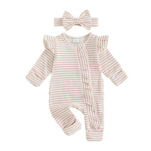 Baby Girl Coming Home Outfit Newborn Ruffle Onesie Long Sleeve Zipper Romper Jumpsuit Cute Clothes+Headband