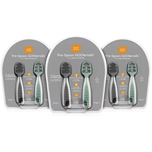 NumNum Pre-Spoon GOOtensils | Baby Spoon Set (Stage 1 + Stage 2) | BPA Free Silicone Self Feeding Baby + Toddler Utensil (Storm Gray/Glacier Green, 3 Pack (Six Spoons))