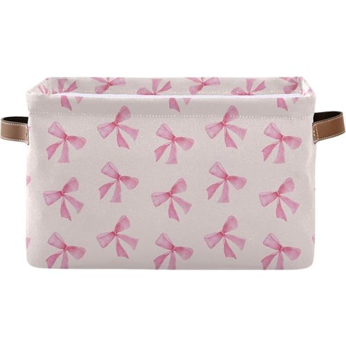 xigua Pink Bow Storage Basket Collapsible Toy Storage Bins Waterproof Canvas Storage Basket with Leather Handles for Home Closets Offices,Bedrooms,Toy and Gift Baskets,1PCS