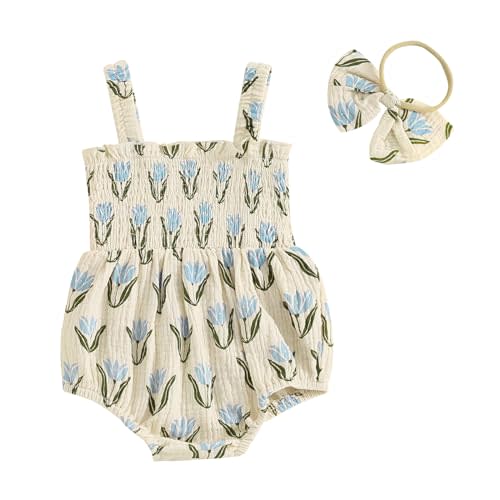 Infant Baby Girl Linen Romper Smocked Bubble Bodysuit Frill Trim Ruffle One-Piece Jumpsuit Casual Cute Summer Clothes