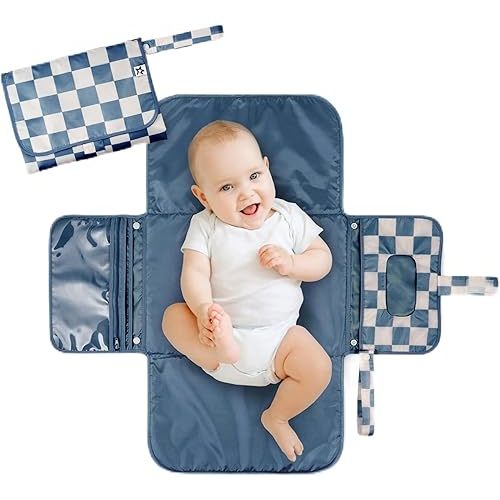 Tiny Twinkle Portable Diaper Changing Pad - Foldable Waterproof Diaper Changing Mat for Travel, Baby Changing Station with Smart Wipes Pocket & Storage (Blue Checkers)