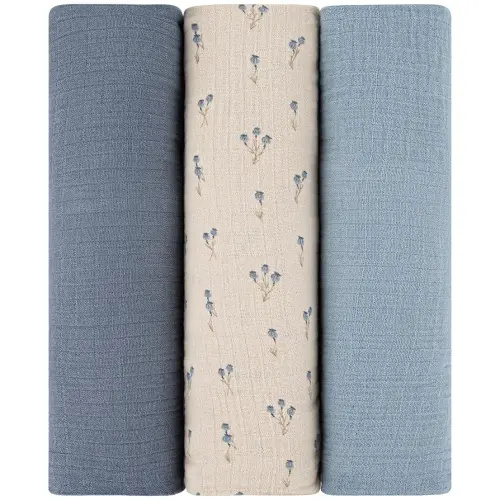 Ely's & Co. Muslin Swaddle Blanket 3-Pack for Baby Boy— 100% Cotton Muslin Extra-Large Swaddle Blankets (47”x 47”) Blue Bluebell