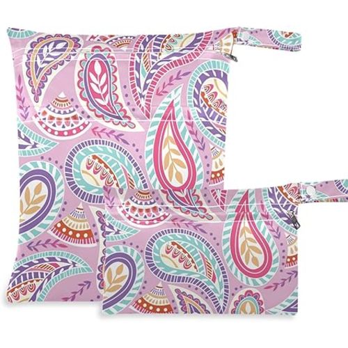 Kigai 2pcs Pink Paisley Wet Dry Bags,Waterproof Reusable Cloth Diaper Wet Dry Bags for Travel,Diapers,Dirty Gym Clothes and Toiletries