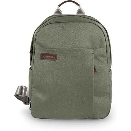 UPPAbaby Changing Backpack - Multiple Storage Compartments - Side Bottle + Laptop Pockets - Trolley Sleeve - Stroller Strap Attachment - Evelyn - Meadow Green | Chestnut Leather