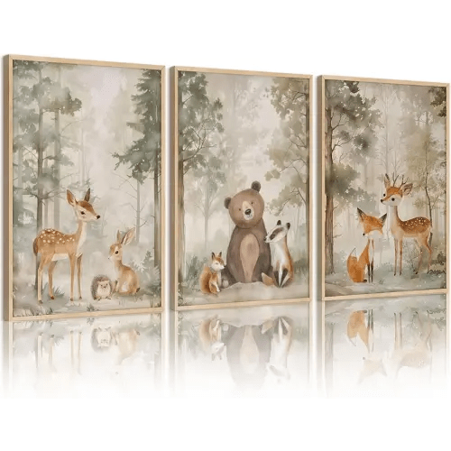 Woodland Nursery Wall Art Decor Animal Forest Canvas Prints Baby Boy Room Wall Decor Bear Nursery Nature Pictures Deer Prints Artwork for Girl Kids Bedroom 12x16 Inch Unframed Set of 3