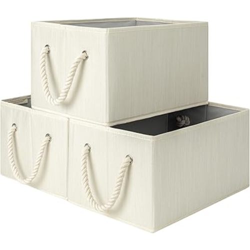 StorageWorks Storage Baskets for Shelves, Fabric Storage Bins, Closet Organization and Storage Basket, Foldable Organizer Bins for Clothes, Beige, White & Ivory, Large, 3-Pack