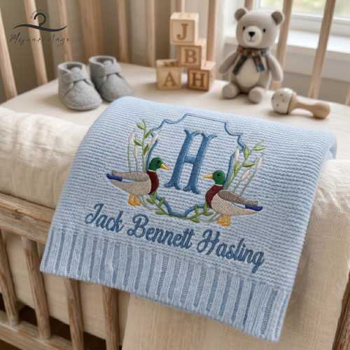 Personalized Mallard Duck Embroidered Baby Blanket, Newborn Nursery Decor, Animal Safari Baby Shower Announcement,  Baby Shower Gift