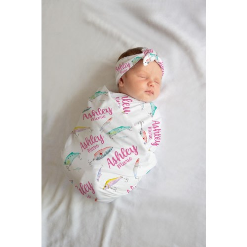 Girl Fishing Swaddle Set, Fish Swaddle Blanket, Personalized Baby Blanket, Fishing Nursery, Fishing Baby Blanket, Fishing Swaddle Blanket