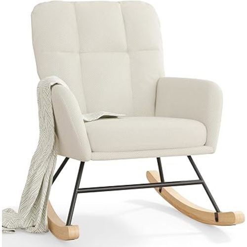 Nursery Rocking Chair Upholstered, High Backrest Glider Rocker Accent Chair with Padded Removable Cushion Comfy Nursing Chair for Living Room Bedroom Office, Beige