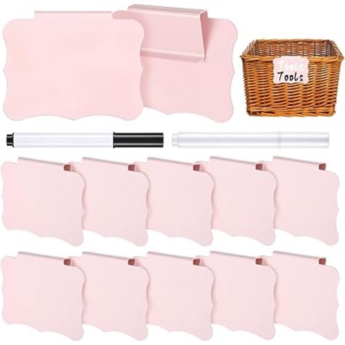 12 PCS Basket Labels Clip On, Removable Clip on Labels for Storage Bins, Plastic Bin Clips with 2 Whiteboard Markers for Organizing Baskets Cube Box (Pink)