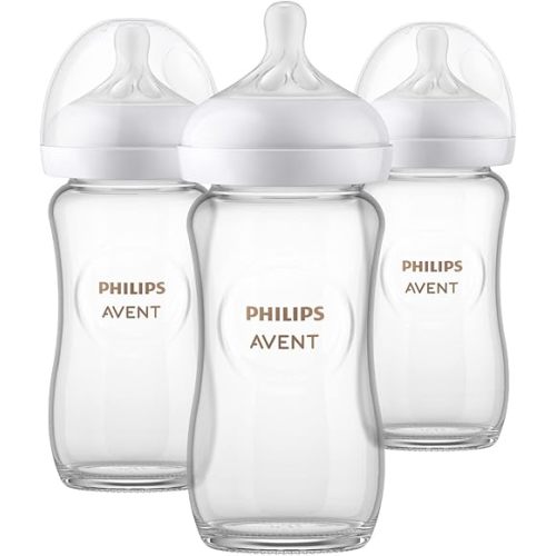 Philips Avent Glass Natural Baby Bottle With Natural Response Nipple, 8oz, 3 pack, SCY913/03, Clear