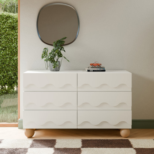 babyletto Lido Wave 6-Drawer Wide Assembled Dresser - White/Honey