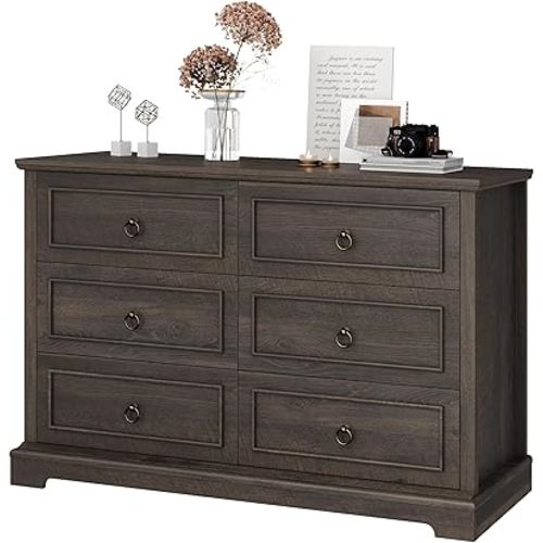 HOSTACK 6 Drawer Dresser for Bedroom, Modern Farmhouse Chest of Drawers for Bedroom, 47.2" Wide Wooden Double Dresser, Dark Wood Storage Cabinet for Living Room, Entryway, Hallway, Dark Brown