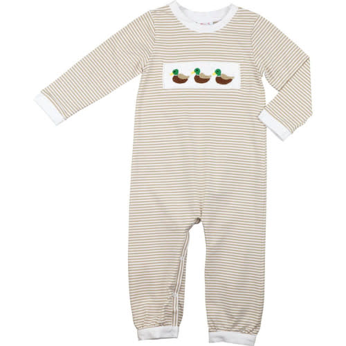 Khaki Knit Stripe Smocked Mallard Long Romper - Cecil and Lou
