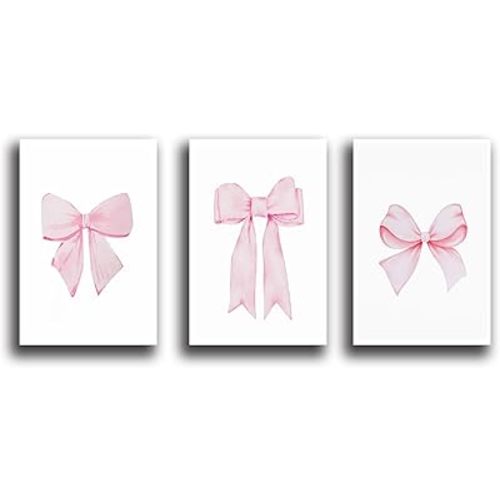 GZJBJITQ 3 PCS Trendy Pink Bow Wall Art Preppy Watercolor Bows Canvas Posters Dorm Wall Art Girly Room Decor Aesthetic Coquette Wall Decor for Bedroom Decor