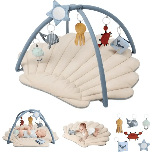 Blissful Diary Shell Baby Play Gym Mat, Softer & Enlarged Tummy Time Mat w 6 Detachable Toys for Sensory & Motor Skill Development, Activity Mat for Newborn Essentials Shower Gift, Boho Ocean Theme