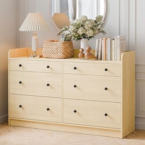 Cozy Castle 6 Drawer Dresser for Bedroom, Large Wood Dressers & Chests of Drawers 52'' Long Modern Sideboard Buffet Cabinet with Storage Accent Cabinets for Hallway, Entryway, Oak