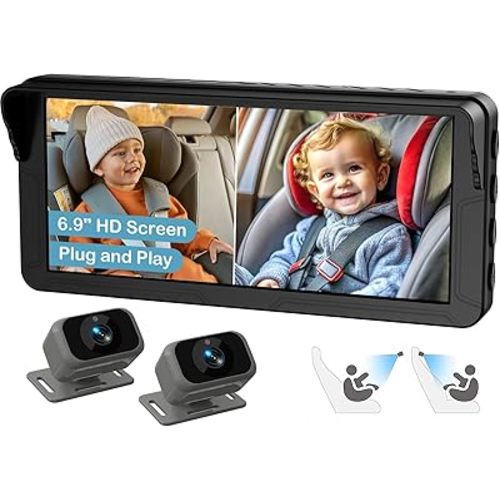 Dual Baby Car Camera for 2 Kids – 6.9” Split-Screen HD Display, Infrared Night Vision, Easy Installation, Backseat Camera for Infant & Toddler Safety, Compatible with All Car Models