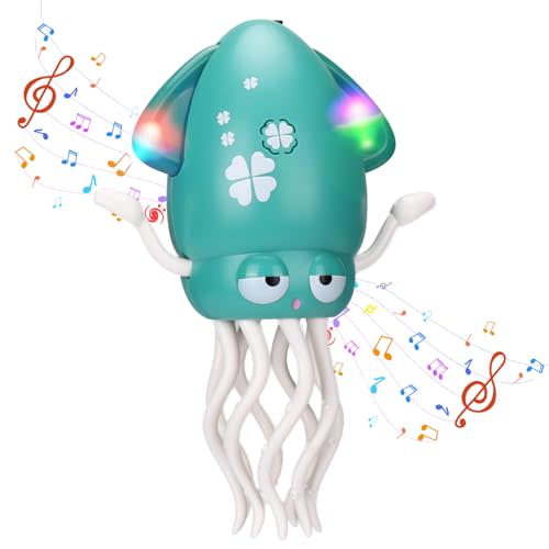 Vodolo Magic Electric Dancing Octopus Toy with Led Light and Music,Automatic Evasion Crawling Dancing Octopus Musical Toys with Fishing Rod,Dancing Squid Toy Baby Must Haves Tummy Time Baby Toys,Green
