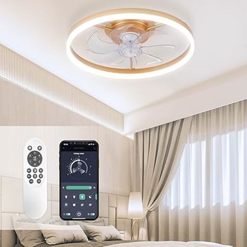 STERREN Modern Gold Ceiling Fans with Lights,20" Dimmable Flush Mount Low Profile Ceiling Fans with Remote Control,Indoor Smart Ceiling Fan with Light for Bedroom