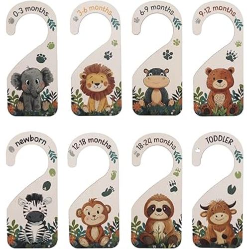 BOXOB 8pcs Baby Closet Dividers, Wooden Baby Wardrobe Organizer Newborn to 24 Months Woodland Nursery Clothes Decor Double-Sided Nursery Partition Hanger Dividers for Home Beautiful Decor (Animal)