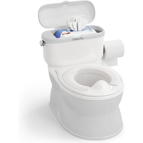 2-in-1 Toddler Potty Training Toilet - with Detachable Training Seat, Realistic Flushing Sound for Boys & Girls Ages 1-3 with Wipes Storage, Toilet Paper Holder