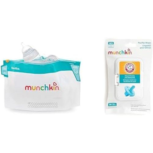 Munchkin® Sterilize™ Microwave Bottle Steam Sterilizer Bags, 30 Uses per Bag, 6 Pack & Arm & Hammer Pacifier Wipes - Safely Cleans Baby and Toddler Essentials, 1 Pack, 36 Wipes
