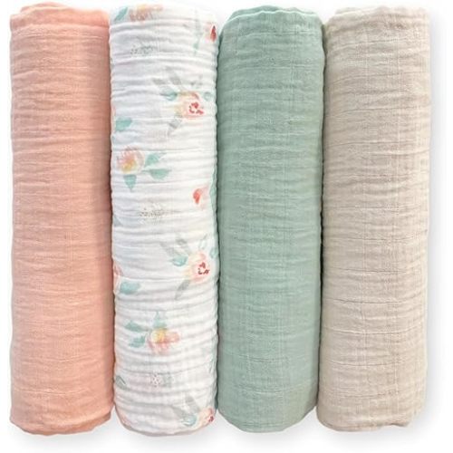 SwaddleDesigns Cotton Muslin Swaddle Blankets for Baby Girl, Set of 4, Receiving Blankets for Newborn, Baby Registry & Gift, 46x46 inches, Watercolor Peachy Pink Floral
