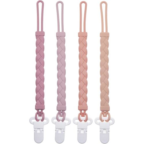 Suotyuen Silicone Pacifier Clips Baby Boys Girls, 4-Pack Flexible Woven Rope Braided Pacifier Clip Holder for Teething Relief and Baby Essentials, Newborn Paci Binky Clips (Girl's Color)