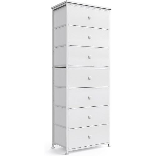 Mifuro Tall Fabric Dresser for Bedroom, Vertical Storage Organizer Tower with 7 Drawers, Chest of Drawers with Bins, Steel Frame, Wood Top for Bedroom, Closet, Entryway White