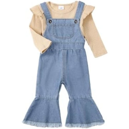 SUNNY PIGGY Newborn Baby Girl Clothes Ruffle Long Sleeve Ribbed Romper Flare Pants Jumpsuit Infant 2pcs Outfits