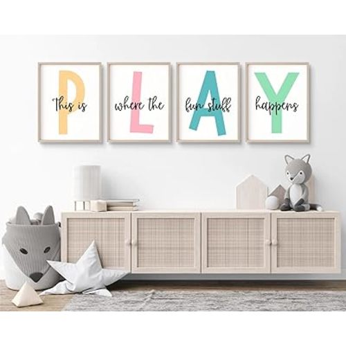 Kids Playroom Wall Art Playroom Wall Decor Kids Play Canvas Wall Art Play Sign Pictures Toddler Kids Playroom Art Prints Nursery Children Artwork for Room Bedroom Set of 4 12x16 Inch Unframed