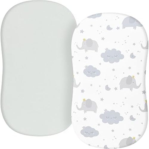 TILLYOU Baby Bassinet Sheets for Girls Boys 2 Pack Baby Sheets for Square Rectangle Oval Bassinet Mattress 33X16 Inch, Elephant & Cloud Gray