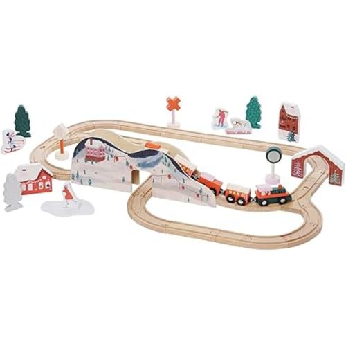 Manhattan Toy Alpine Express 49-Piece Wooden Toy Train Set with Scenic Accessories for Toddlers 3 Years and Up Multicolor