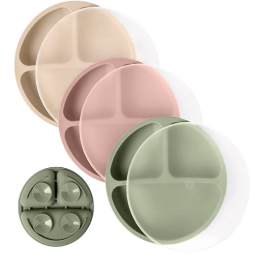 WeeSprout Suction Plates with Lids for Babies & Toddlers - 100% Silicone, Dinnerware Stays Put, Divided Design for Picky Eaters, Microwave & Dishwasher Friendly, 3 Pack