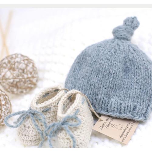 Sky Blue Knotted Cap & Bootie | 100% Alpaca | Newborn Baby Boy
