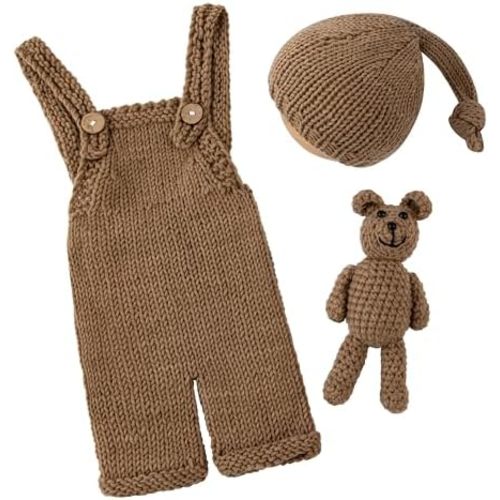 Vemonllas Crochet Bear Hat & Romper Costume Set - Newborn Photoshoot Outfits for Baby Boys Girls - Handmade Photo Props
