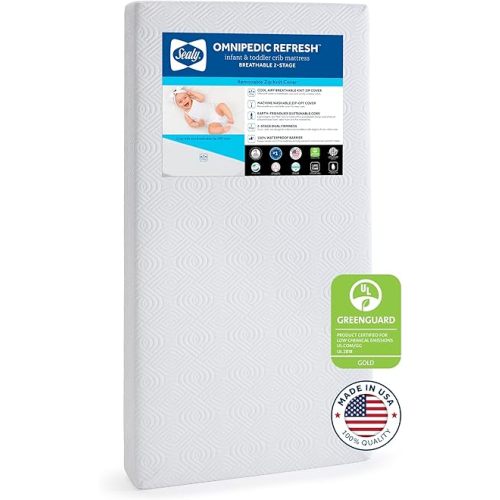 SEALY BABY OmniPedic Refresh Breathable 2-Stage Crib Mattress & Toddler Mattress, Removable Washable Knit Cover, Baby Mattress for Crib, GREENGUARD Air Quality Certified, Made in USA, 52x28 Inches
