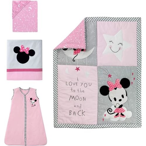 Lambs & Ivy Disney Baby Minnie Mouse 4 Piece Nursery Crib Bedding Set, Pink