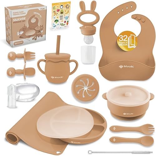 Silicone Baby Feeding Set - Infant Tableware for First Foods & Baby, Led Weaning (0+ Months), Easy to Clean, Durable, Perfect for Baby Boy or Girl, Solid Feeding - Ocre - Deluxe